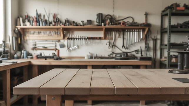 Wooden workbench in a cluttered workshop with tools and equipment
