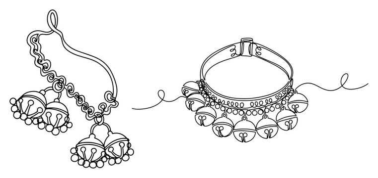 Single continuous line drawing of traditional indian ghungroo bells and ethnic dance anklets jewelry