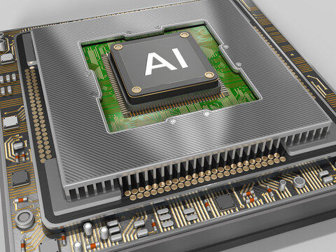 3d, Illustration mit Zentralen AI Microship, Halbleitern und Leiterbahnen in Gro&szlig;aufnahme. Microship mit k&uuml;nstlicher Intelligenz. 