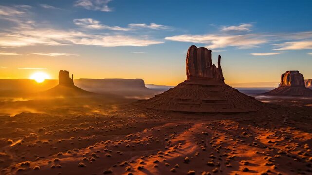 Desert landscape with rock formation at sunset. Monument Valley buttes with sunrise light and sweeping clouds. Natural beauty of arid environment.