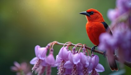 Obraz premium Bright scarlet tanager bird sits on branch with purple wisteria flowers. Small wild avian has black markings, perches among pink blossoms. Nature scene.