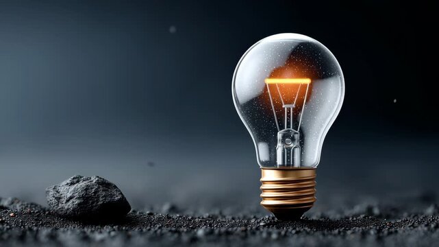 Light bulb with glowing filament positioned on dark surface next to a rock, showcasing gradual illumination in a dimly lit environment with a smooth texture