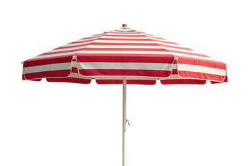 Beach umbrella with red and white stripes providing shade on a sunny summer day, cutout transparent background © Michael