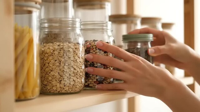 Close-up of hands organizing a home pantry shelf, placing a spice jar next to glass containers filled with dry foods, promoting sustainable storage and healthy living