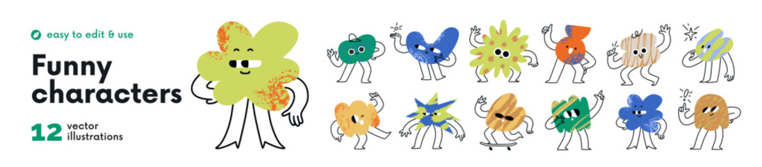 Plakat Cute doodle blobs, funky figures with emotions, expressions set. Abstract cartoon shapes characters with happy smiling faces. Funny comic emoji. Flat vector illustration isolated on white background