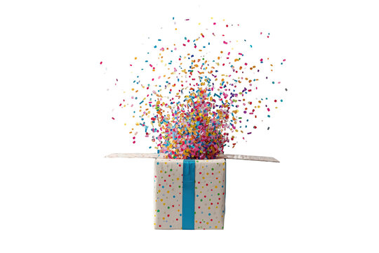 Gift box opening, vibrant confetti exploding, creating surprise, celebration, and festive joy on transparent background