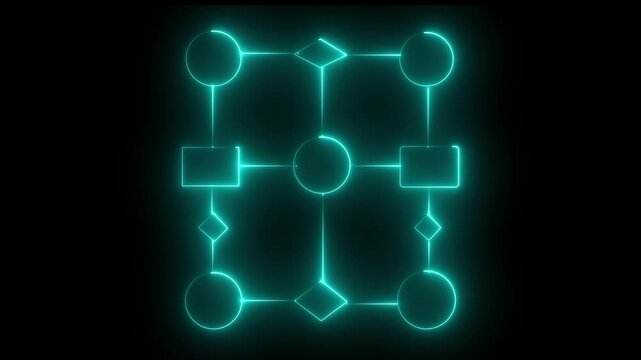 Business process and workflow automation with flowchart. Business and technology concept. Visualizes step-by-step progression through a procedure or system on black background. 