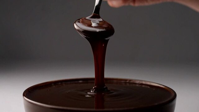 Hand holding spoon drizzling rich chocolate sauce over a bowl in a closeup culinary scene.