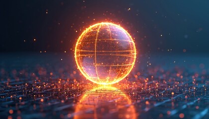 Obraz premium Glowing abstract sphere of light particles floats above dark digital grid. Fiery orange energy bursts outward, creating bokeh effect. Futuristic technology concept.