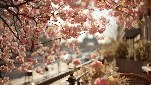 Enjoying breakfast on a Paris balcony with views of the Eiffel Tower and cherry blossoms in spring