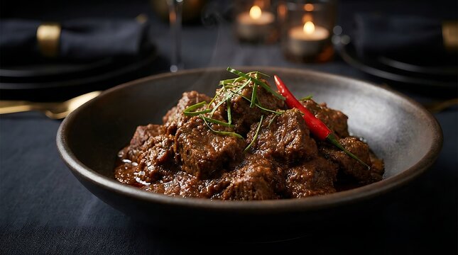 Delicious beef rendang in a dark bowl with chili and lime leaves, conveying the rich, spicy flavors and authentic heritage of Indonesian culinary traditions.