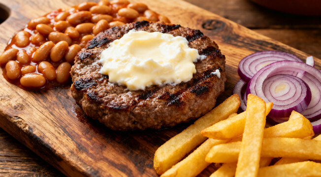 Balkan grilled pljeskavica with kajmak, prebranac, crispy fries and sliced red onion on rustic wooden board.