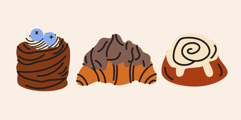 Delicious sweet pastry stickers collection in cartoon doodle style. Hand drawn croissant, cinnamon roll and chocolate muffin. Vector illustration © luamor