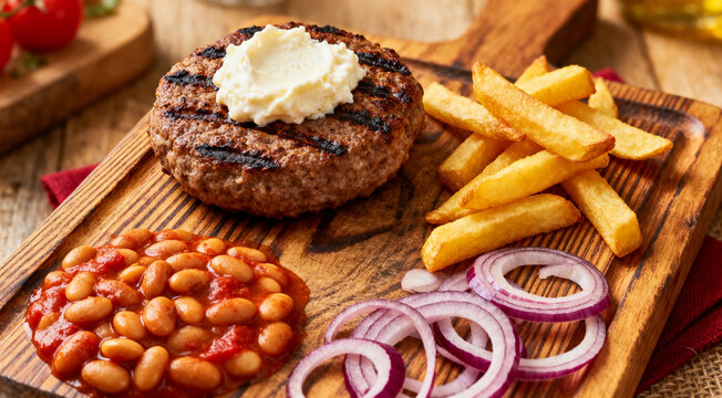 Grilled serbian pljeskavica with kajmak cheese, prebranac, fries and red onion on a rustic wooden serving board