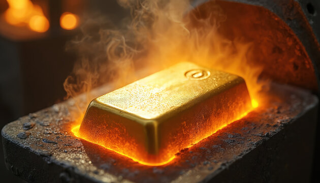 Hot gold bar just cast in mold. Steam rises from cooling precious metal. Distinctive hallmark stamped on surface. Shiny yellow surface, industrial foundry process close-up.