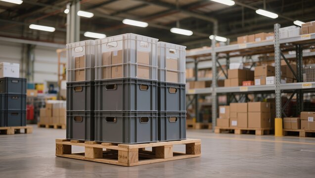 Stacked plastic storage crates placed on a wooden pallet inside a logistics warehouse, representing inventory management, storage containers and supply chain operations.