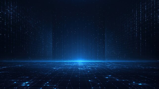 Blue glowing lines and dots in dark, abstract background with central light, futuristic network grid for AI business presentation