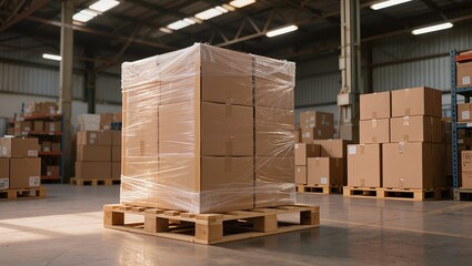 Shrink wrapped pallet with packaged goods ready for shipment inside a warehouse, representing logistics, packaging, distribution and supply chain operations.