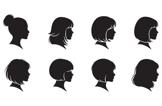 Set of eight women silhouettes featuring various classic short and medium hairstyles, profile view, black color isolated on transparent, vector