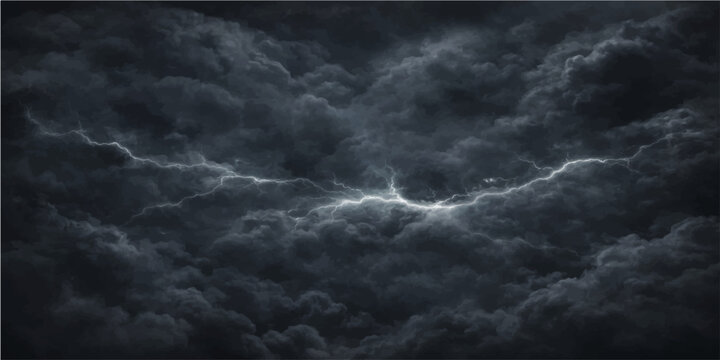 A dark blue cloudscape captures a dramatic lightning storm timelapse as bright flashes illuminate the stormy black sky and nature's textured hurricane wind