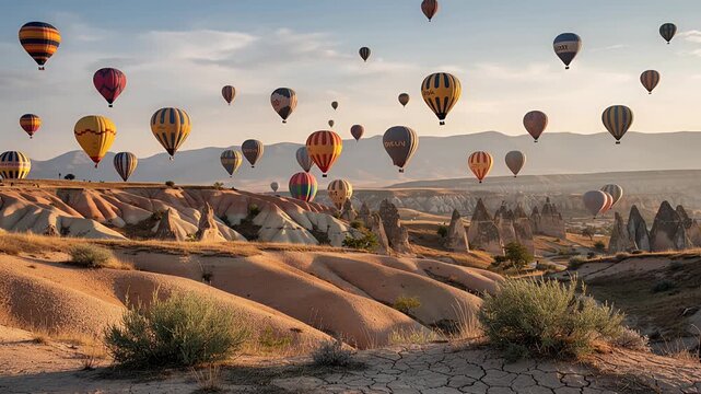 balloons desert canyon landscape sunrise aerial view