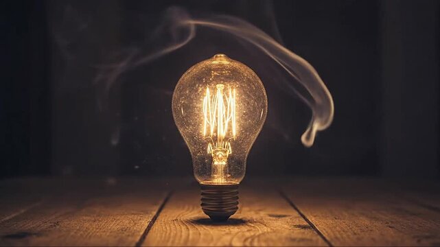 A glowing light bulb on a wooden table emits smoke curled around it viewed from a straight perspective in a dimly lit environment