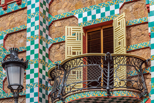 BARCELONA, SPAIN: Details from facade of Casa Vicens, work of architect Antoni Gaud&iacute;, considered to be his first major project. Built between 1883-1885. UNESCO World Heritage Site.
