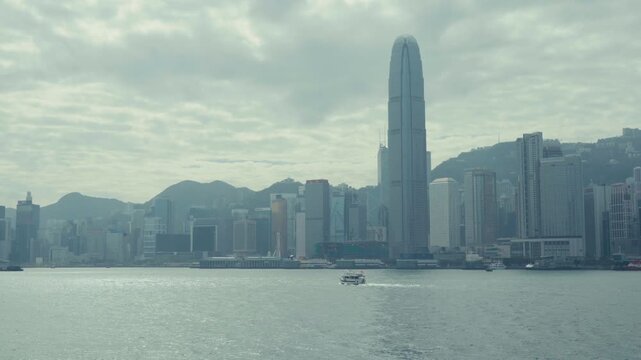 Wide static shot of Hong Kong skyline with tall towers and mountain backdrop across calm Victoria Harbour water with passing boats under diffuse cloudy sky atmosphere