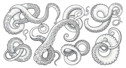 Collection of Octopus Tentacles and Suckers, Hand-Drawn Sketch Style © hakim