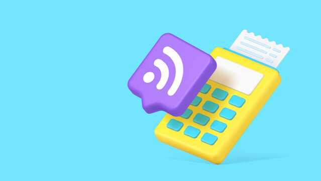 Minimalist 3d banner with cartoon POS terminal, receipt, and wifi icon. Vector illustration for contactless payment, and wireless transactions. Modern design for web, retail apps, and marketing