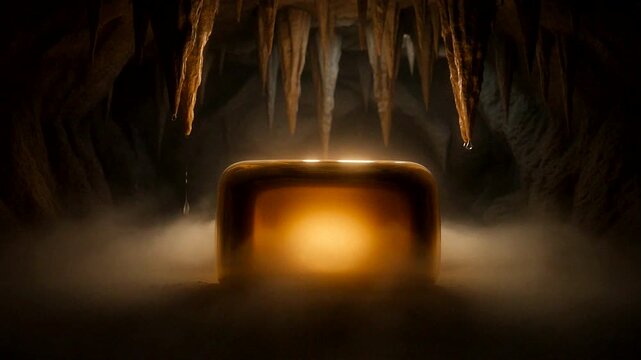 A glowing golden object emits mysterious light in a misty, dramatic cave with stalactites above.