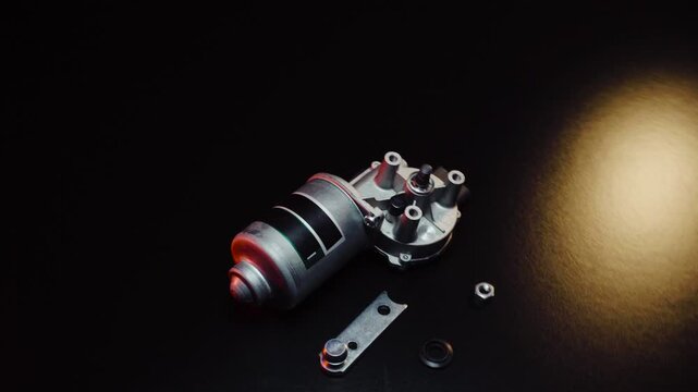 new electric motor for car wipers for windshield cleaning, repair at the service, shooting in a dark room, red light illumination