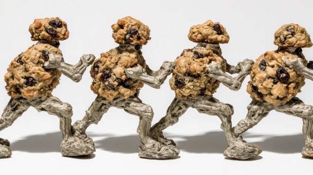 Cookies Walking Together in a Row on a White Background. Food Art
