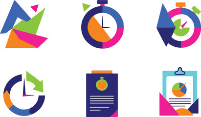 Set of 6 colorful abstract business and time management vector icons featuring stopwatches, pie charts, and document clipboards, ideal for productivity and data visualization designs.