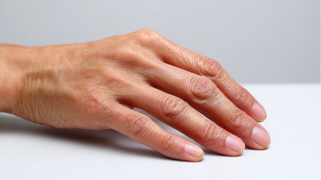 Close-up photograph of claw hand from ulnar nerve injury in an East Asian woman