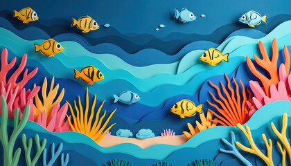 Naklejka premium Paper cut style underwater scene shows colorful fish swimming among coral reefs, seaweed. Gentle waves create layered blue background. Underwater world depicted in bright, cheerful craft paper style.