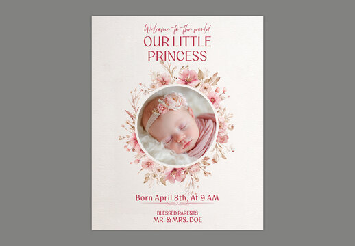 Editable Baby Birth Announcement Post with Little Princess Photo Frame in Pink Floral Theme Design.