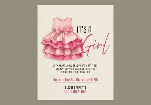 Editable Baby Birth Announcement Post with Girl Dress Design in Pink Color.