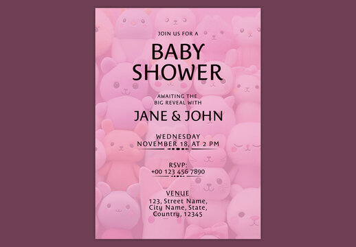 Editable Baby Shower Party Invitation Card Design with Pink Teddy Pattern Background.
