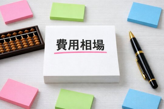 費用相場と書かれたメモ帳と計算に使うそろばんや筆記用具があるデスク上の風景