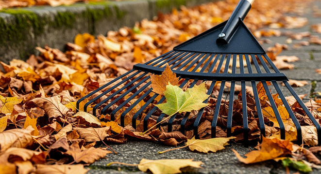 A sturdy black garden rake is poised on a thick, colorful carpet of vibrant autumn leaves, showcasing the seasonal chore of clearing yards and highlighting the beautiful, rich colors of fall foliage d