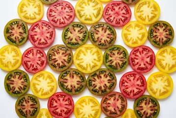 Slices of red yellow and green heirloom tomatoes arranged in neat grid
