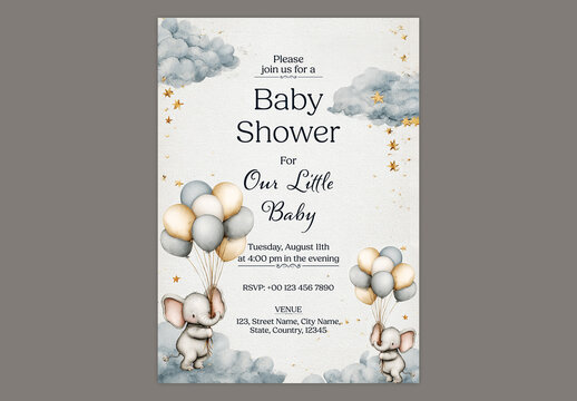 Editable Baby Shower Invitation Template Design with Cute Elephant Holding Balloons Flying in Sky.