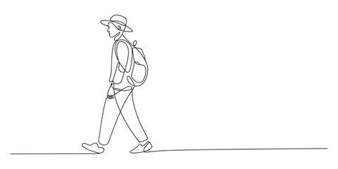 Continuous line drawing of a hiker walking with a backpack and a hat on a white background