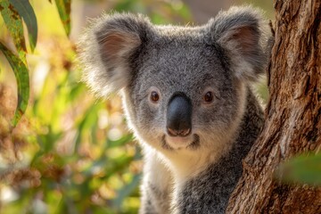 Fototapeta premium Close-up wildlife portrait of a young koala with soft gray fur and calm gaze
