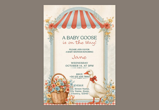Editable Baby Shower Invitation Template Design with Beautiful Floral Arch Decoration and Cute Duck Figure.