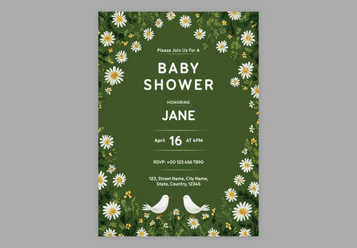 Editable Baby Shower Invitation Template Design with Cute Birds and Flower in Green Background.