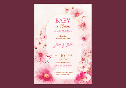 Editable Baby Shower Invitation Template Design with Floral Decoration Background in Pink and White Color.