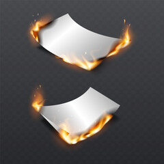 Burning paper sheets set with realistic fire flames, glowing embers and smoke effect. © Oleksandr