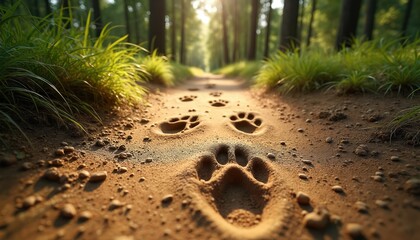 Fototapeta premium Animal paw prints mark a sandy forest path leading through sunlit trees. Grass lines the trail where wildlife recently walked. Shadows play on the ground.
